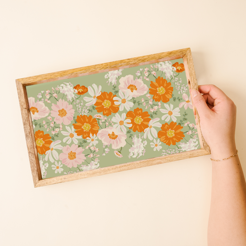 Bouquet Beauty Sage Rectangle Wood Enamel Tray