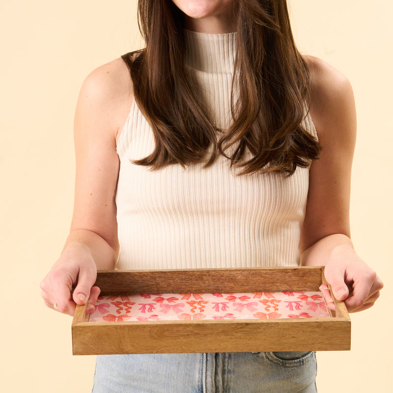 Blushing Bows Rectangle Wood Enamel Tray