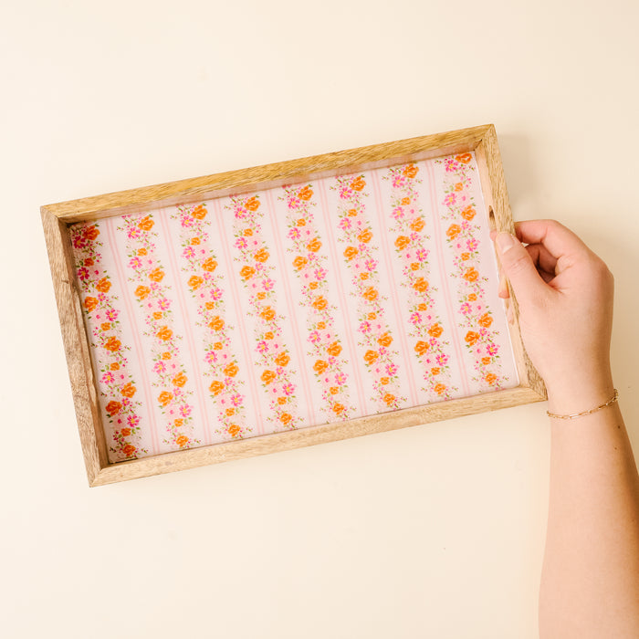 Petal Parade Pink Rectangle Wood Enamel Tray