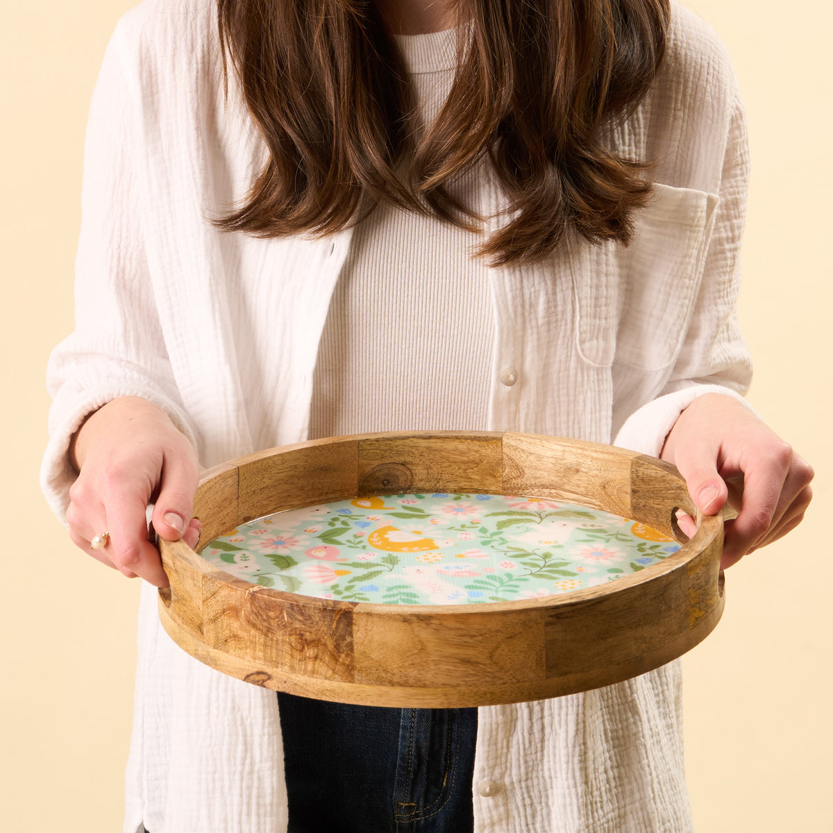 Hoppy Days Large Round Wood Enamel Tray