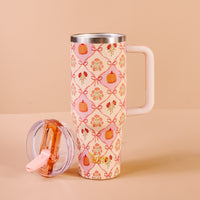 The Darling Effect Patchwork Pumpkins 40 oz Lifestyle Flip Straw Tumbler features a pale cream background with pumpkins, flowers, ribbons, a light pink handle, triple-wall insulation, and a clear flip lid with pink straw.