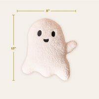 The Darling Effect Ghost Throw Pillow is a plush sherpa pillow shaped like a friendly ghost with a smiling face and raised arm. It measures 11" wide by 13" tall—soft, textured, and perfect for Halloween décor.