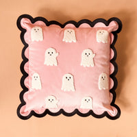 The Boo Crew Scalloped Square Throw Pillow by The Darling Effect features a pink square design with black scalloped edges and nine white ghost appliques—each with dot eyes—making it a charming addition to your sofa or pillow set.