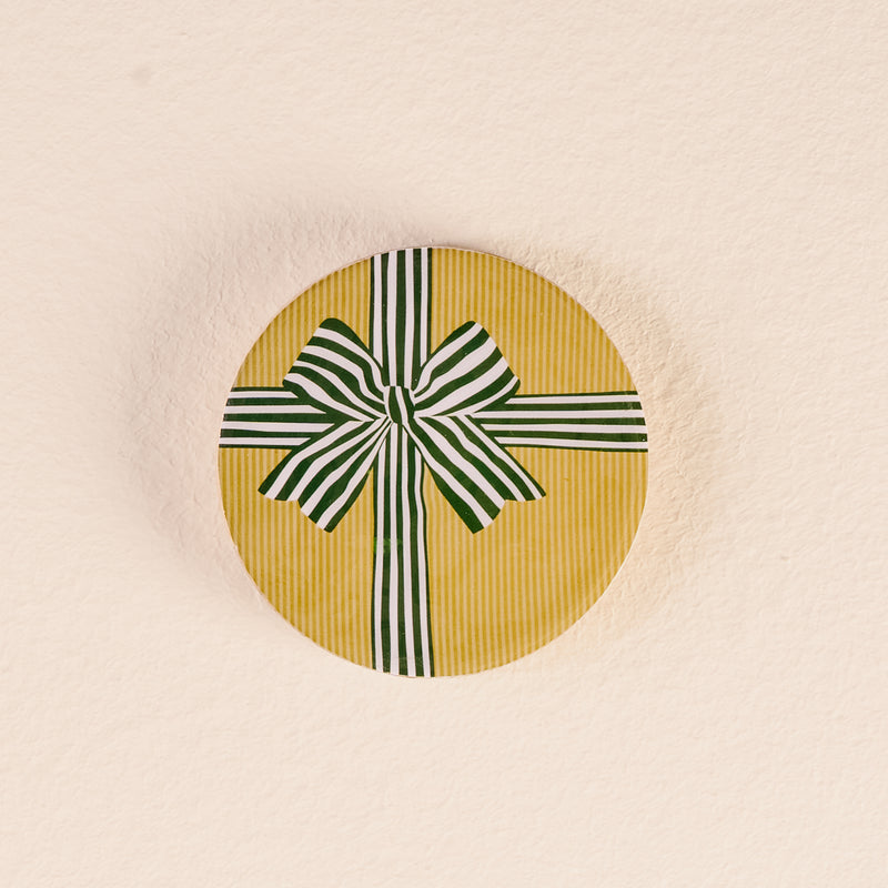 Holiday Gift Bow Green Wood Enamel Coaster