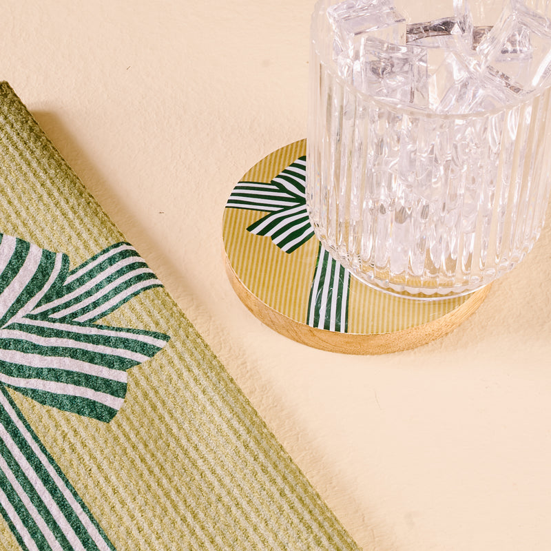 Holiday Gift Bow Green Wood Enamel Coaster