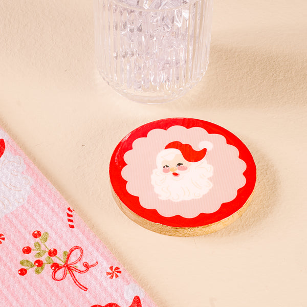 Holly Jolly Santa Wood Enamel Coaster