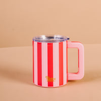 The Darling Effect Peppermint Stripes 14 oz Insulated Mug features red and pink vertical stripes, a square handle, and a clear plastic lid.