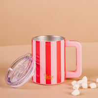 Peppermint Stripes 14 oz Insulated Mug with pink and red vertical stripes, a pink handle, and a separate clear lid, surrounded by a few mini marshmallows among other festive mugs.