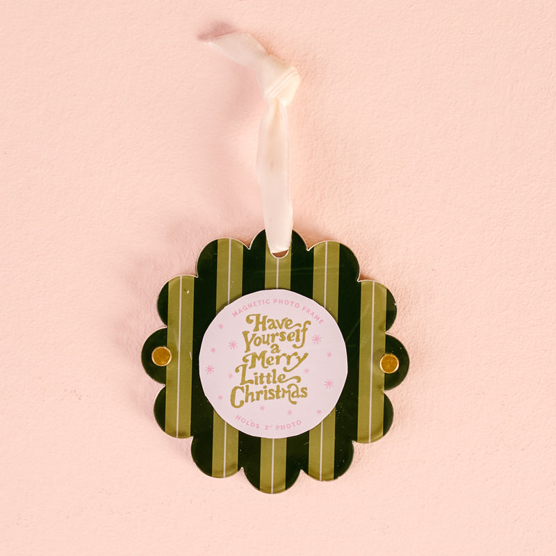 Evergreen Stripes Scalloped Round Picture Frame Ornament