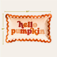 The Darling Effect's Hello Pumpkin Scalloped Rectangle Throw Pillow measures 20"x12", features orange wavy trim, and "hello pumpkin" in textured orange/red text—perfect for adding a cozy touch to your throw pillow collection.
