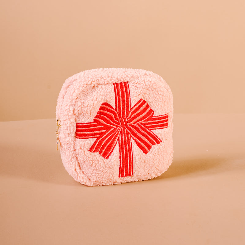 Square Holiday Gift Bow Red Teddy Pouch