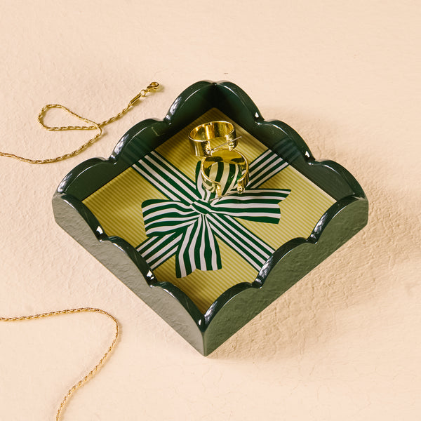 Holiday Gift Bow Green Scallop Trinket Tray