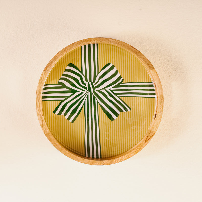 Holiday Gift Bow Green Large Round Wood Enamel Tray