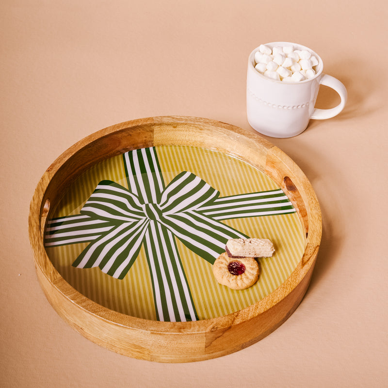 Holiday Gift Bow Green Large Round Wood Enamel Tray