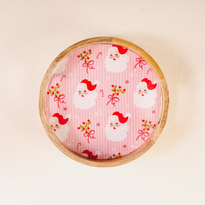 Holly Jolly Santa Large Round Wood Enamel Tray