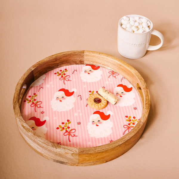 Holly Jolly Santa Large Round Wood Enamel Tray