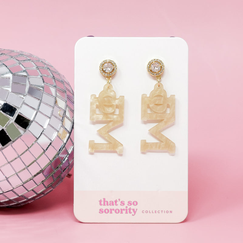 Phi Mu Letter Gold Acrylic Earrings