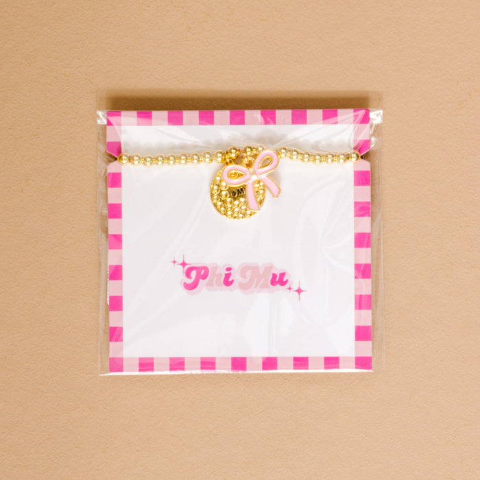 Phi Mu Bow Gold Charm Bracelet