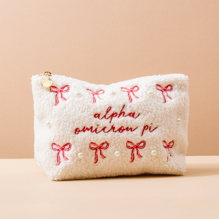Alpha Omicron Pi Bows & Pearls Teddy Pouch