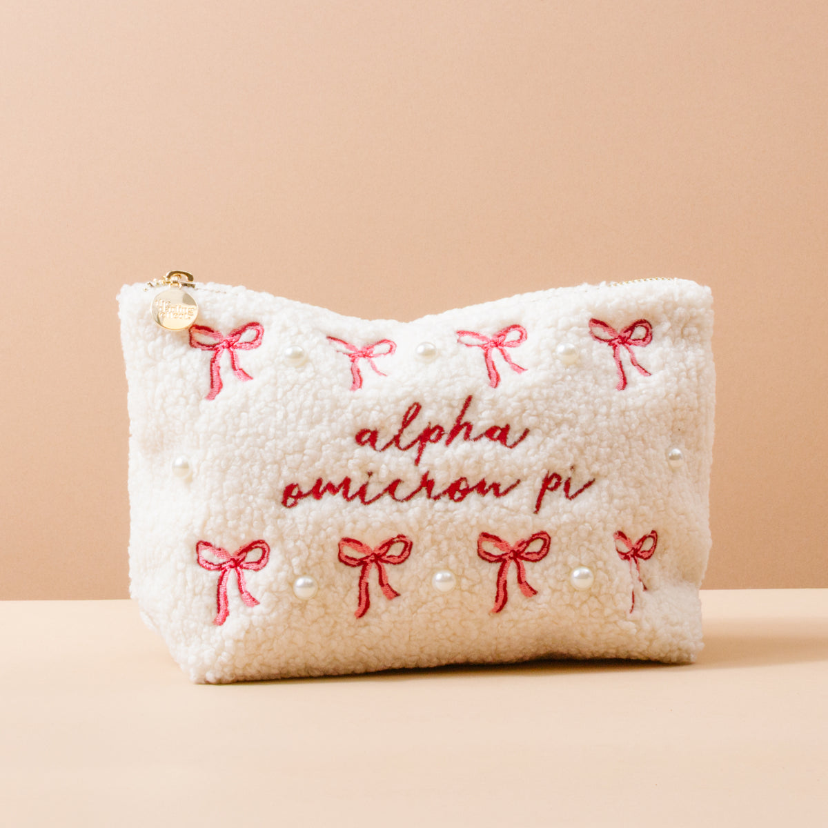 Alpha Omicron Pi Bows & Pearls Teddy Pouch