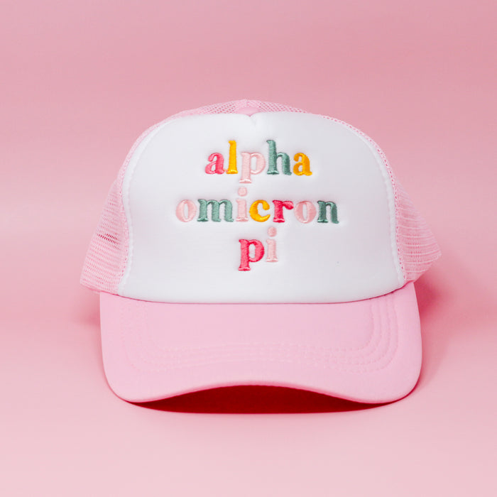 Alpha Omicron Pi Pink Trucker Hat