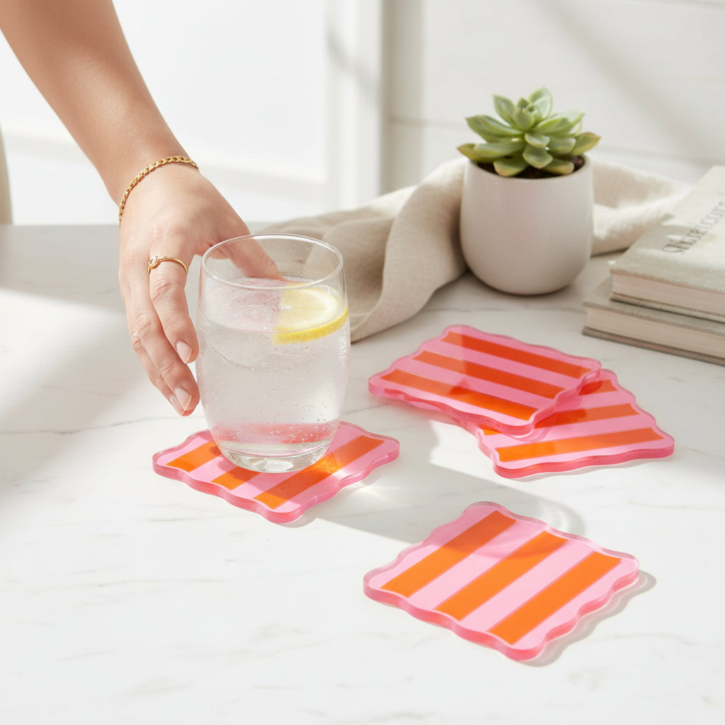 Sicily Stripes Pink Table Talk Acrylic Coaster Set