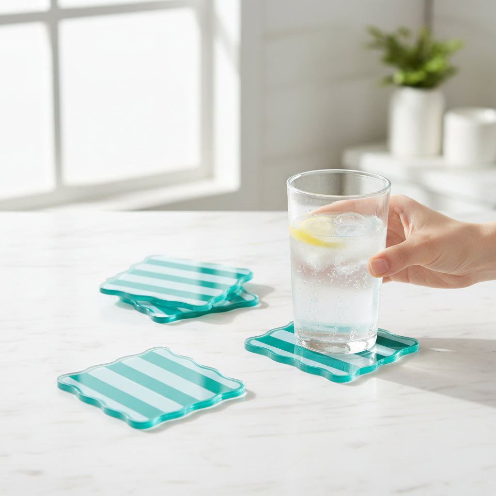 Sicily Stripes Teal Table Talk Acrylic Coaster Set