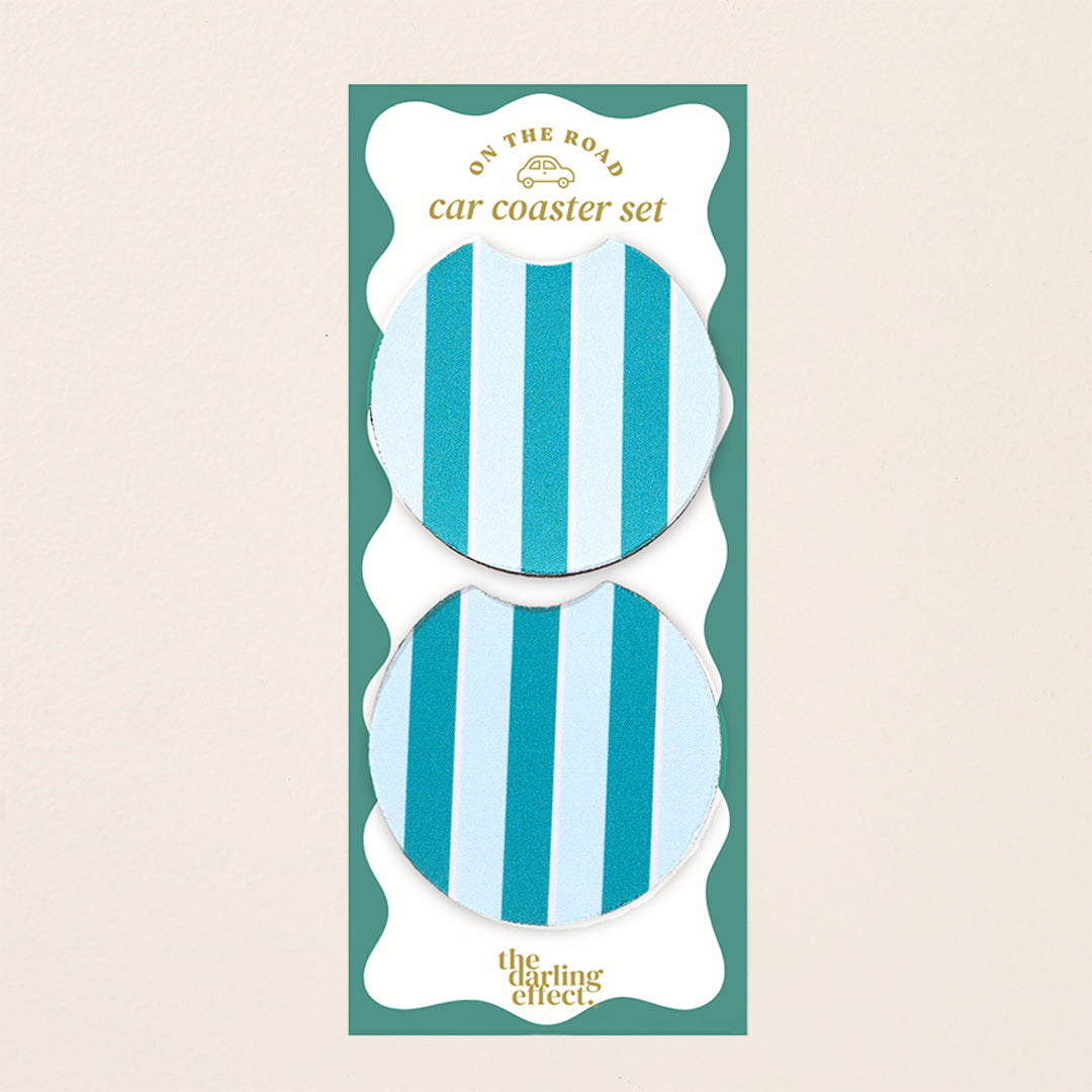 Sicily Stripes Teal On the Road Car Coaster Set