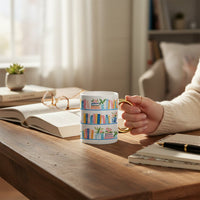 A person holds The Darling Effect's Book Shelfie 11 oz Cozy Cute Ceramic Mug, featuring colorful books and plants, while sitting at a wooden table with open books in a sunlit, cozy room.