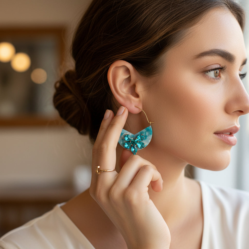 A woman with brown hair in a low bun holds The Darling Effect's Sea Glass Marble Bloom Hoop Earring—a large, glossy blue acetate hoop—to her ear. She wears a white top and gold ring, gazing thoughtfully out of a softly lit room.