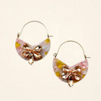 The Darling Effect Sunset Kiss Marble Bloom Hoop Earrings are lightweight, fan-shaped statement pieces in swirled pink, white, and yellow resin with rose gold gem accents.