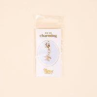 The Plane Jewelry Charm Gold by the-darling-effect features a gold airplane on a lobster clasp, displayed on a white card with gold "oh so charming" and "the darling effect" text, and comes packaged in a clear plastic bag.