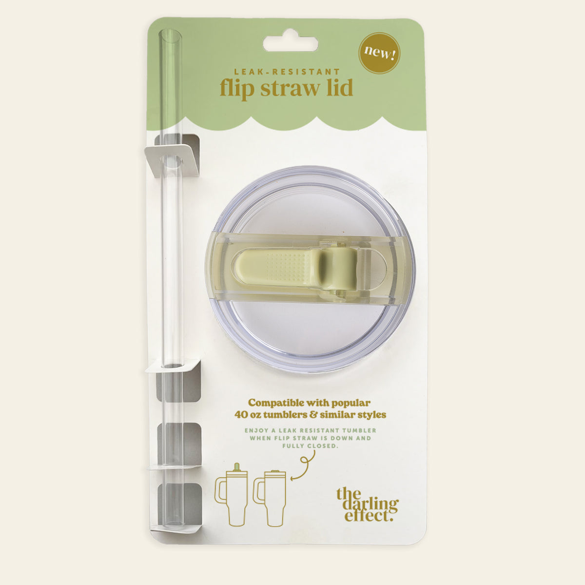 The Green 40 oz Lifestyle Flip Straw Lid by the-darling-effect includes a leak-resistant clear lid and a light green flip straw, both packaged together for easy hydration and displayed on branded The Darling Effect packaging. Compatible with 40 oz tumblers.