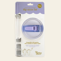 Periwinkle 40 oz Lifestyle Flip Straw Lid with a clear straw shown in its packaging, labeled as a leak-resistant straw lid for optimal hydration. Packaging highlights compatibility with 40 oz tumblers and features branding from the-darling-effect, along with illustrations and detailed product information.