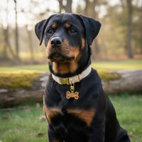A Rottweiler sits on grass outdoors, sporting a beige collar with The Darling Effect's Bad to the Bone Pawfect Collar Charm and a bone-shaped tag. Trees and a fallen log appear in the softly blurred background.