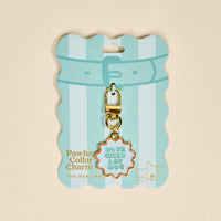 The Darling Effect Oversized Lap Dog Pawfect Collar Charm is a gold keychain-style pet accessory on packaging, featuring "OVERSIZED LAP DOG" in blue and orange, plus a cartoon collar and small dog illustration for unique style.