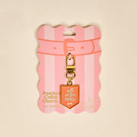 The Darling Effect's Will Sit for Treats Pawfect Collar Charm features gold and pink hues, a bone icon, and "will sit for treats" text on striped pink collar-shaped packaging with cat and dog icons—ideal for pet fashion lovers.