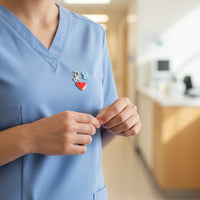 Wearing Nurse Life The Pin Pack by The Darling Effect, a person in a light blue medical uniform stands in a bright hallway; their hands are gently touching, with collectible pins shaped like scissors, heart, and glove. Their face is out of frame.
