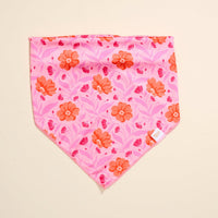 The Darling Effect Bow-Wow Pet Bandana-Poppin' Petals Hot Pink features a bold floral pattern in coral and fuchsia, making it a charming cotton accessory for your dog.