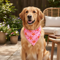 A golden retriever wearing The Darling Effect’s Bow-Wow Pet Bandana-Poppin' Petals Hot Pink sits on a patio beside a table with a mug, potted flowers, and a wicker chair in the background.
