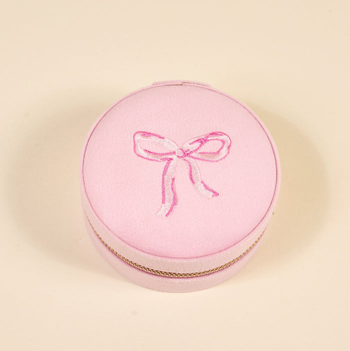 Bow Pink Round Velvet Jewelry Case