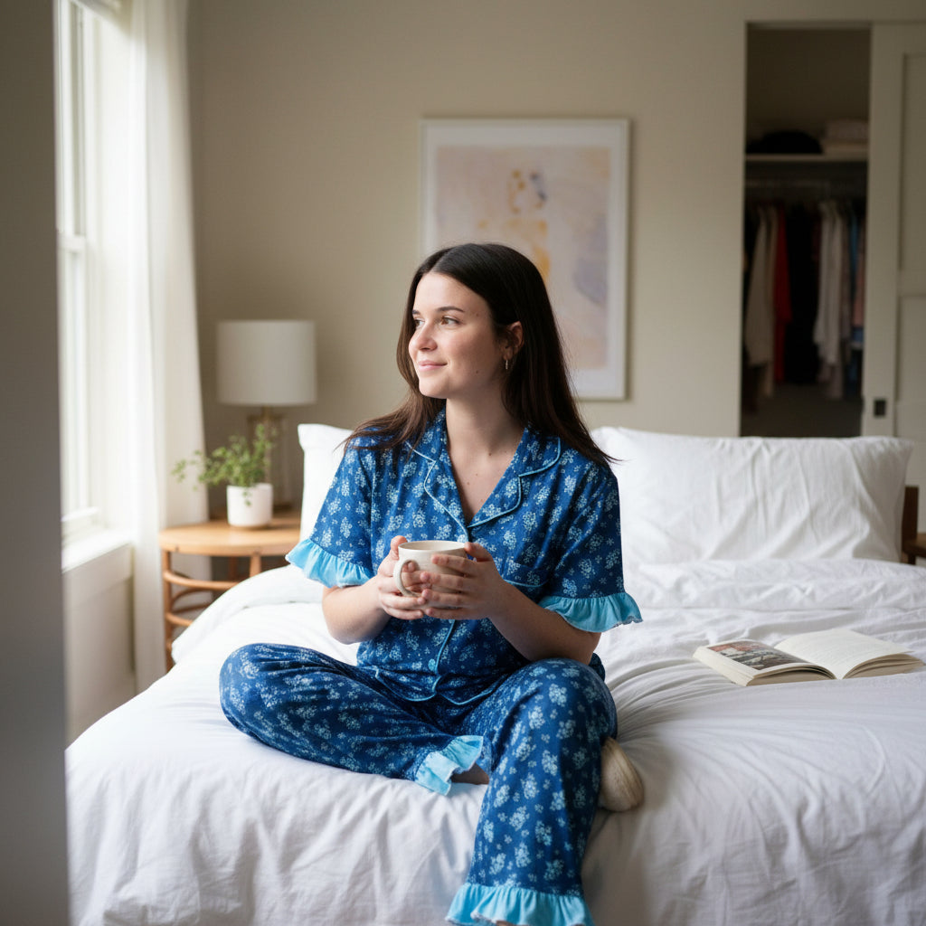 A young woman in The Darling Effect's Endless Daydream Navy Slumber Party Pajama Pants Set relaxes on a white bed with a coffee mug and an open book, enjoying the ultra-soft comfort of her floral sleepwear.