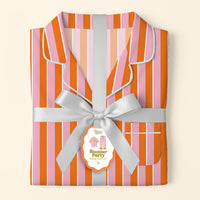 The Darling Effect's Sicily Stripes Pink Slumber Party Pajama Pants Set features orange, pink, and white stripes in ultra-soft fabric, packaged gift-ready with a silver ribbon and a tag reading "Slumber Party Pajama Pants Set S.