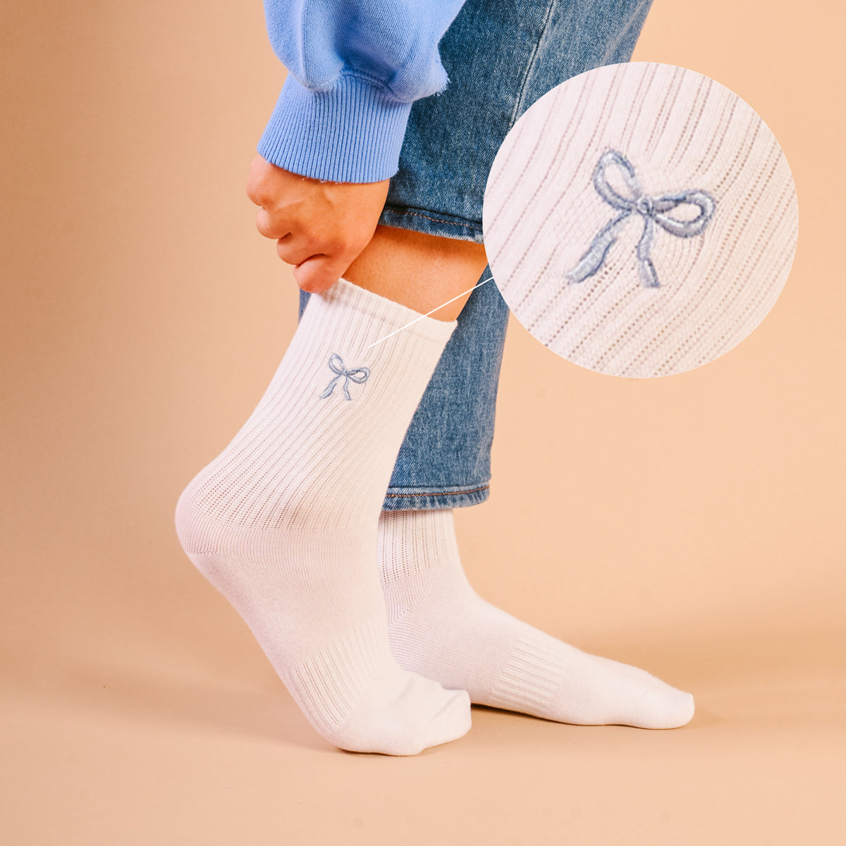 Blue Bow Embroidered Crew Socks