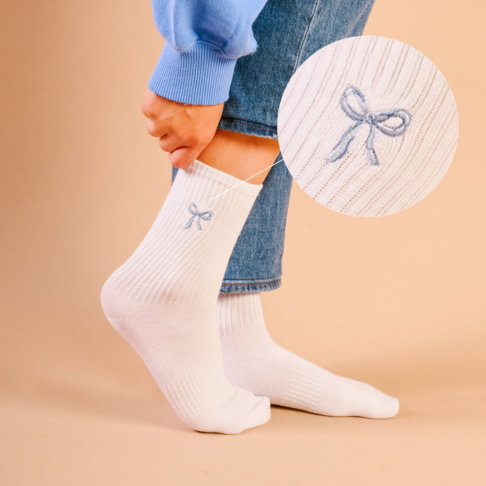 Blue Bow Embroidered Crew Socks