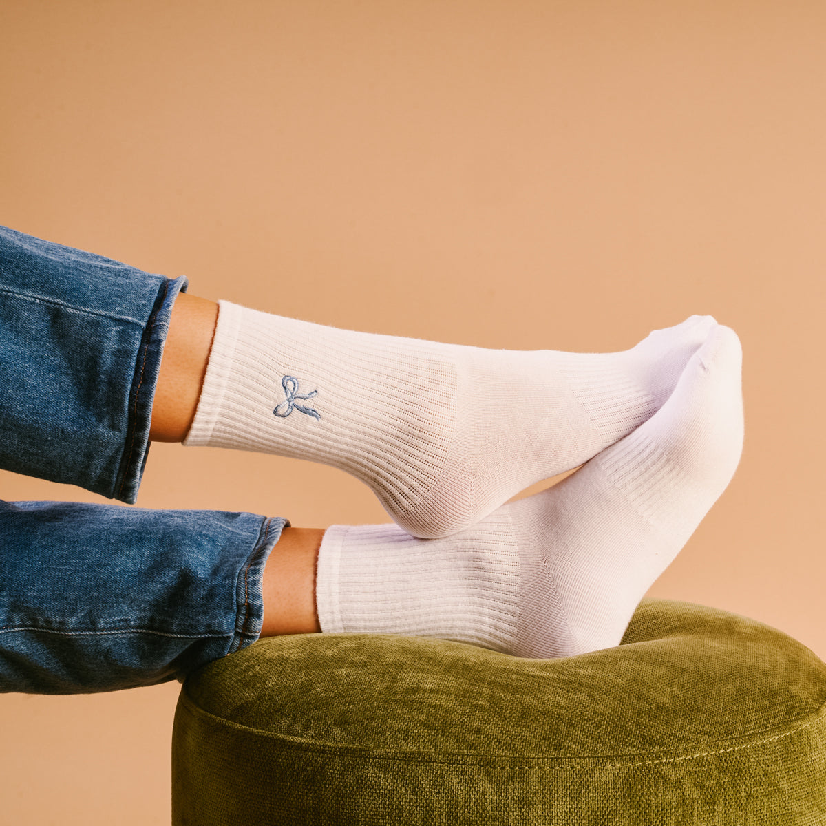 Blue Bow Embroidered Crew Socks