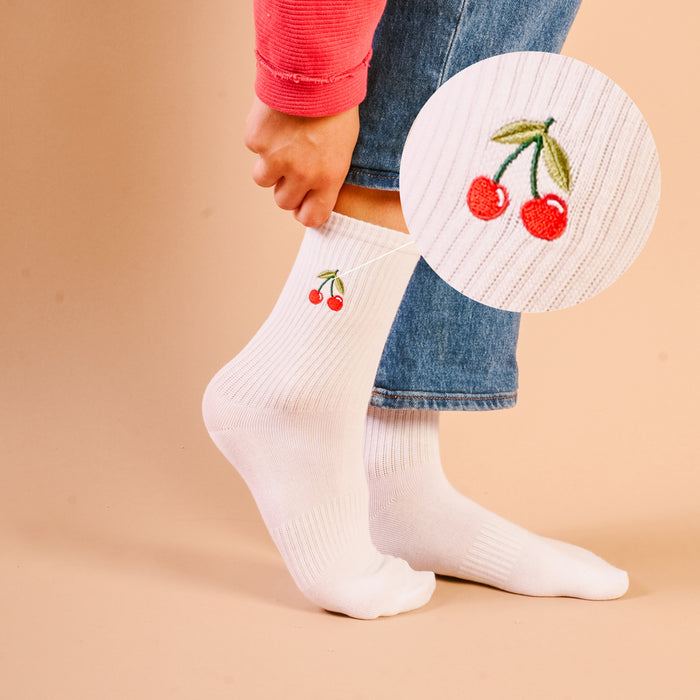 Cherries Embroidered Crew Socks