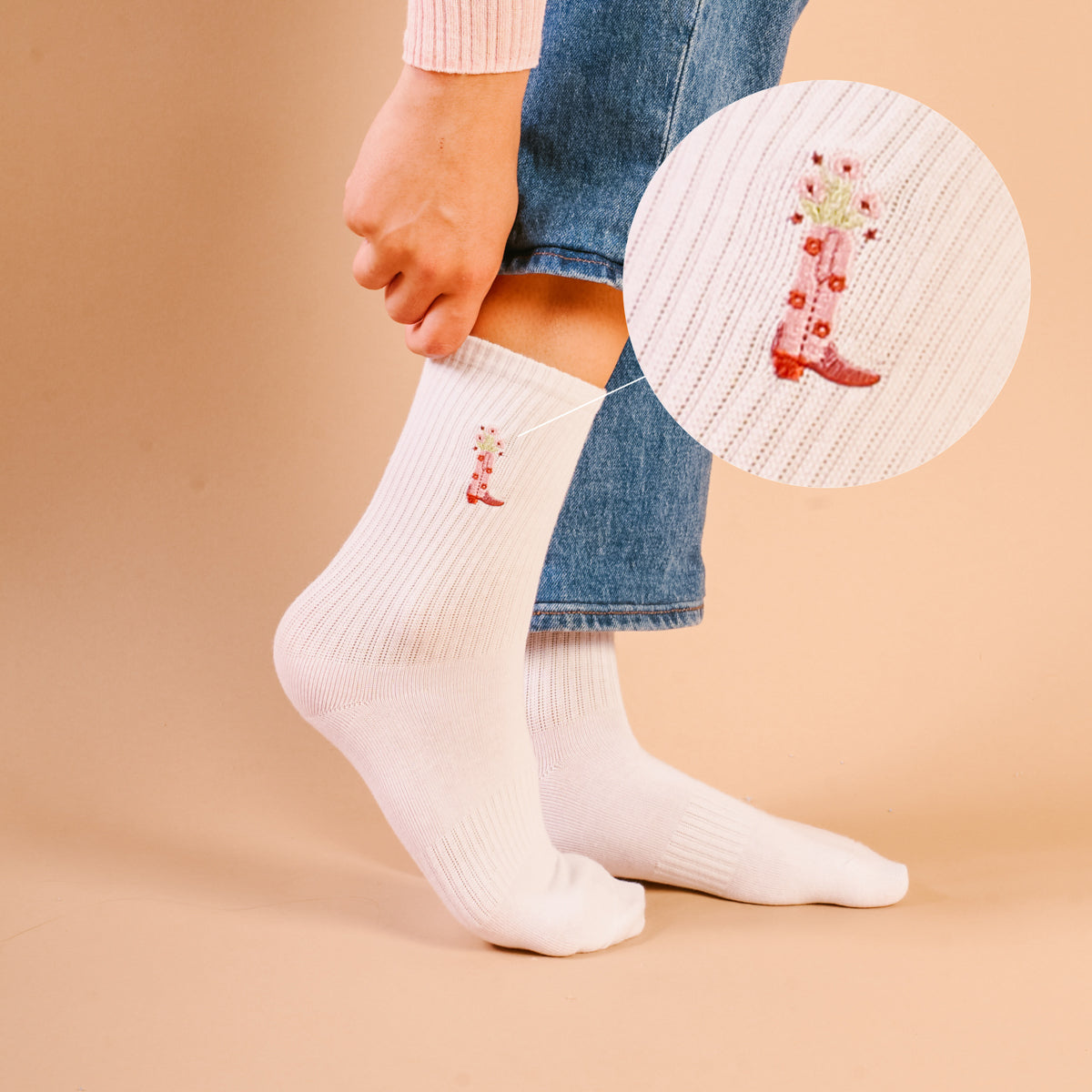 Cowgirl Boot Embroidered Crew Socks