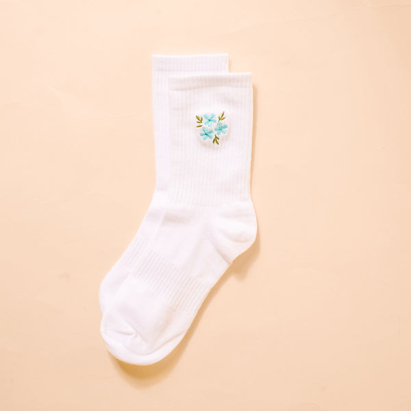 Floral Blue Embroidered Crew Socks