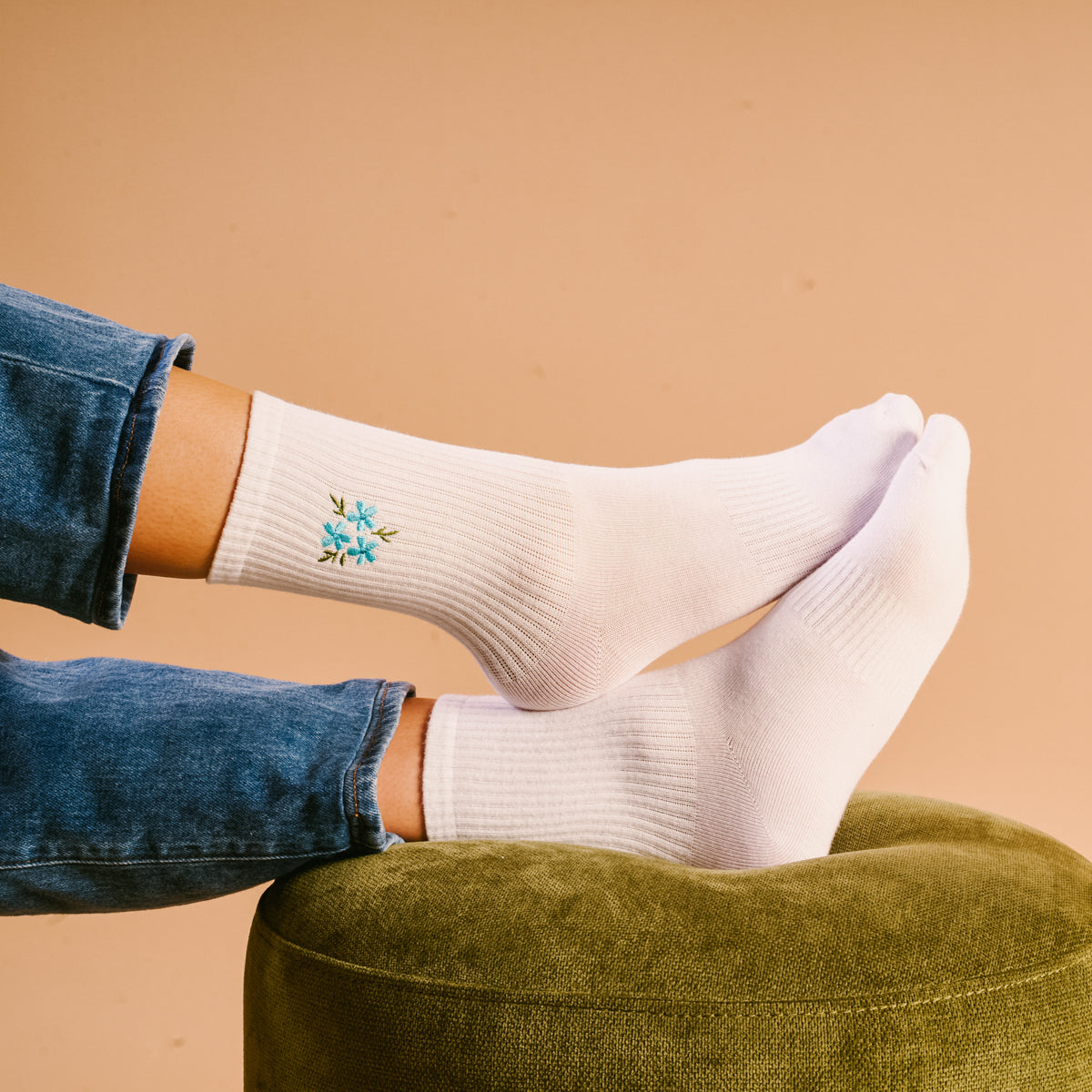Floral Blue Embroidered Crew Socks